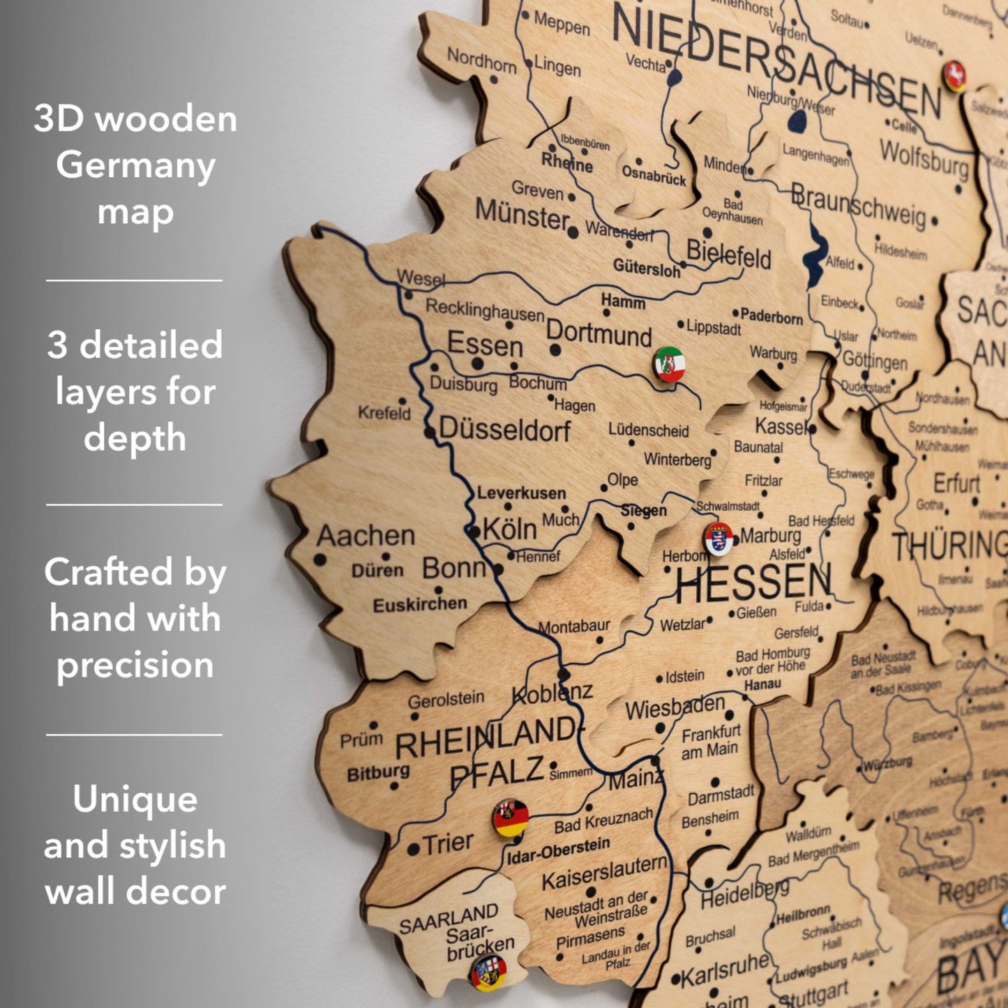 Wooden Germany Map Wall Art - Gold