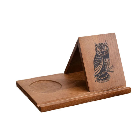 Wooden triangle bookmark rack with engraved owl design and cup base holder