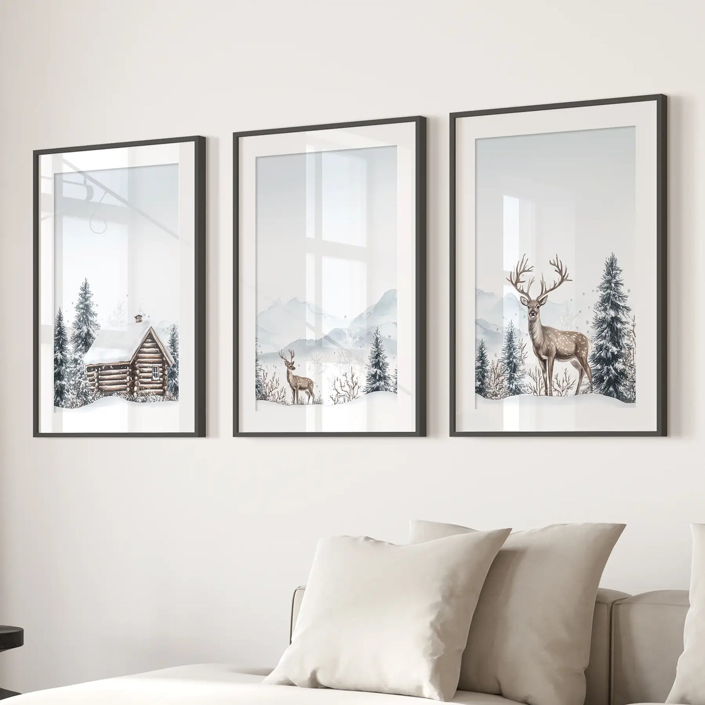 Snowy Deer Winter Wall Art, Woodland 3 Piece Set