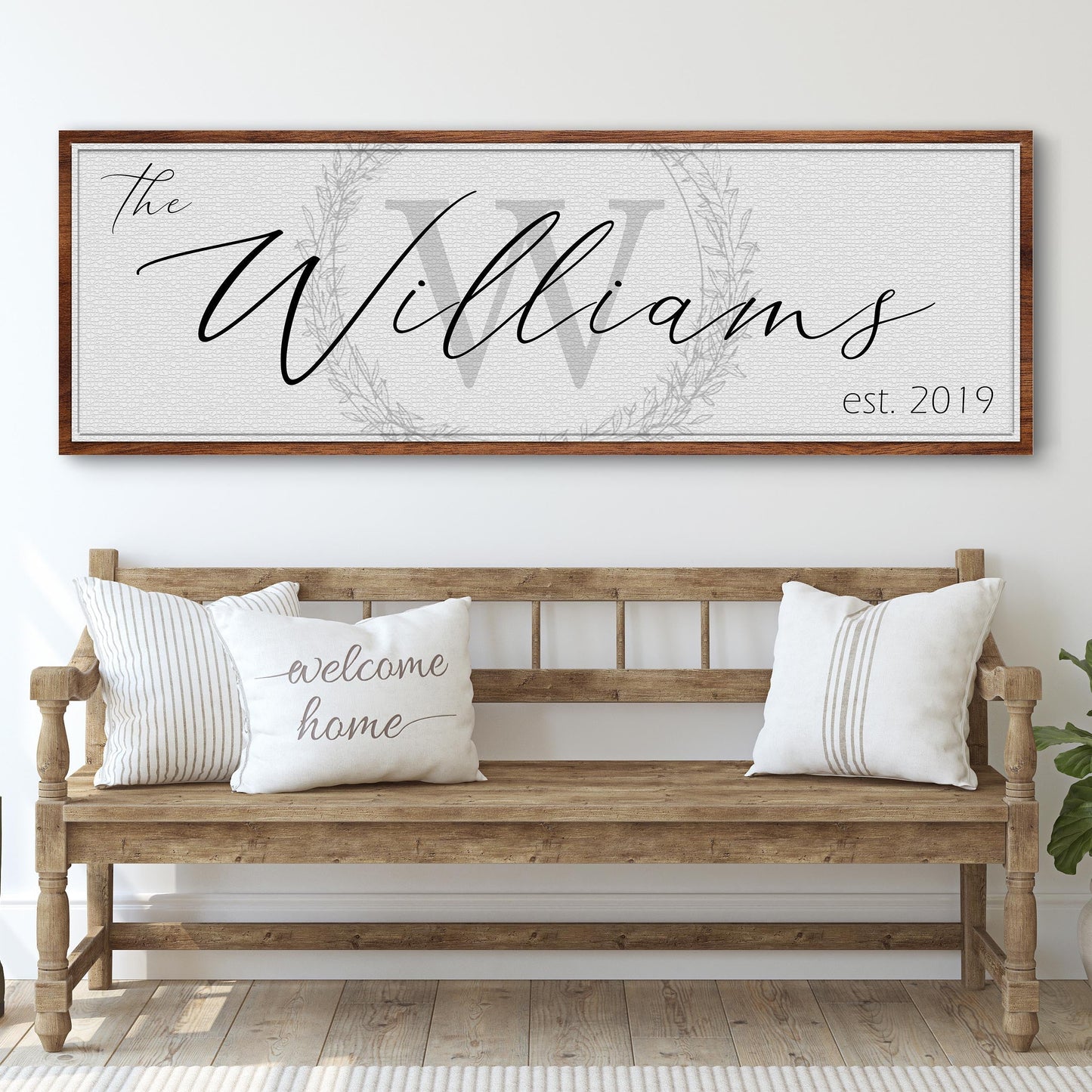 Personalized family name canvas sign with warm rustic lettering and custom name