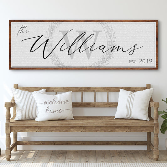 Personalized family name canvas sign with warm rustic lettering and custom name