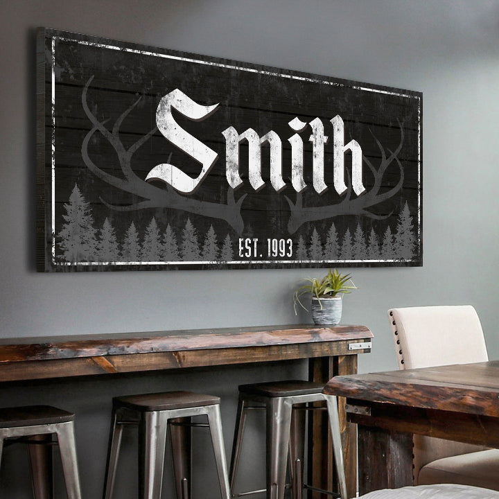 Rustic family antler canvas wall art sign for farmhouse lodge and cabin decor