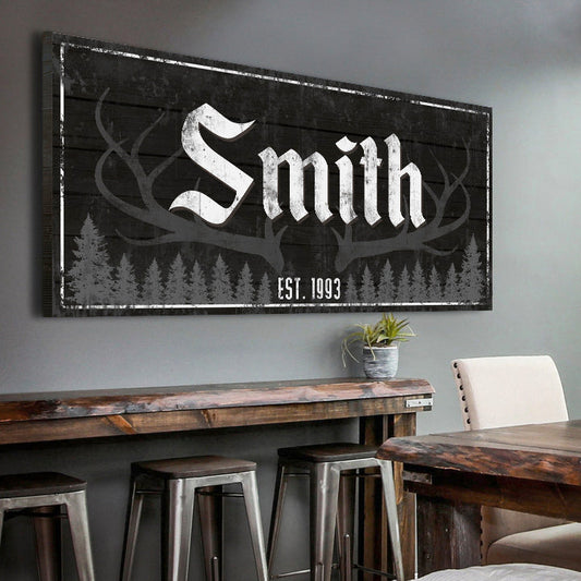 Rustic family antler canvas wall art sign for farmhouse lodge and cabin decor