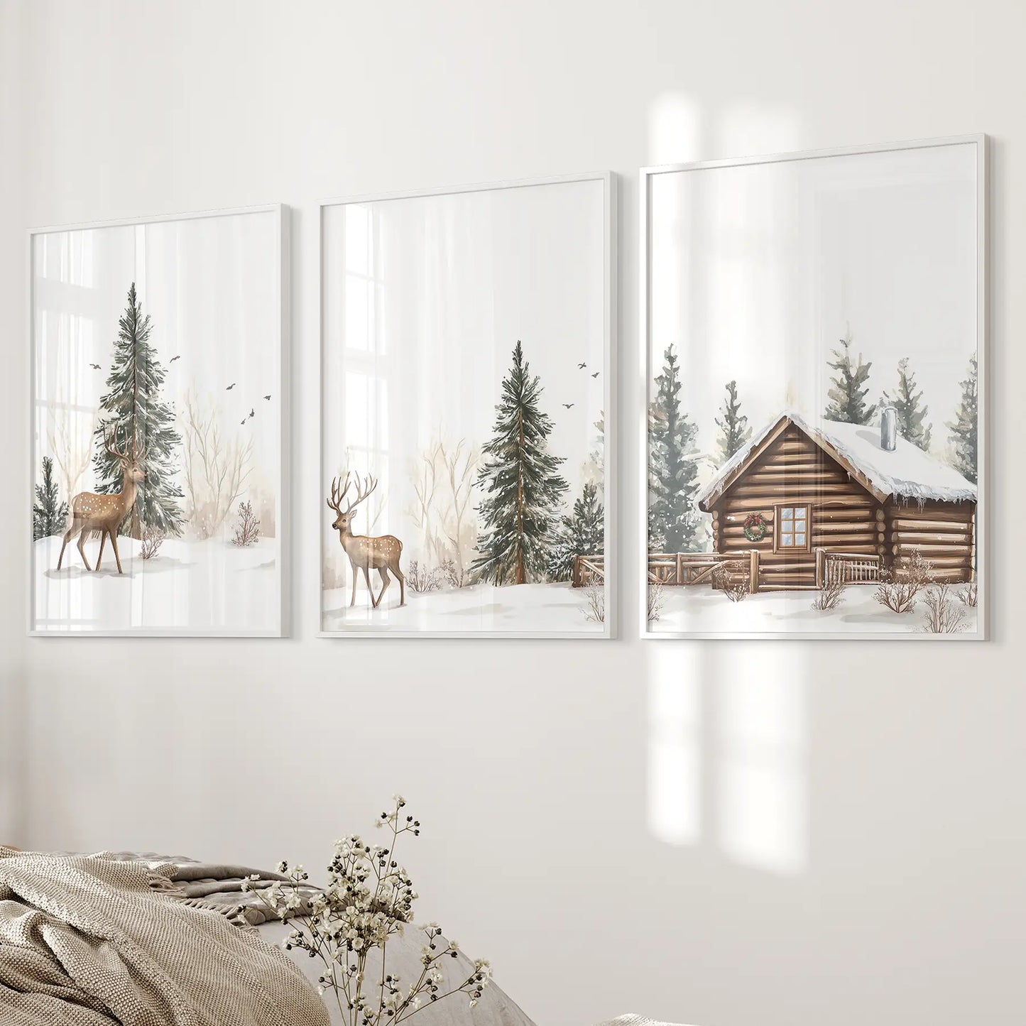 Deer and Cabin Winter 3 Piece Rustic Nordic Wall Art