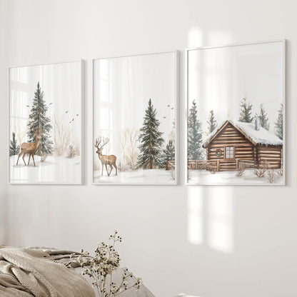 Deer and Cabin Winter 3 Piece Rustic Nordic Wall Art
