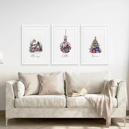 Snowy Christmas Tree Wall Art Set of 3 Holiday Prints