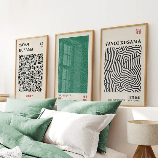 Sage green and black Japanese abstract wall art set of 3