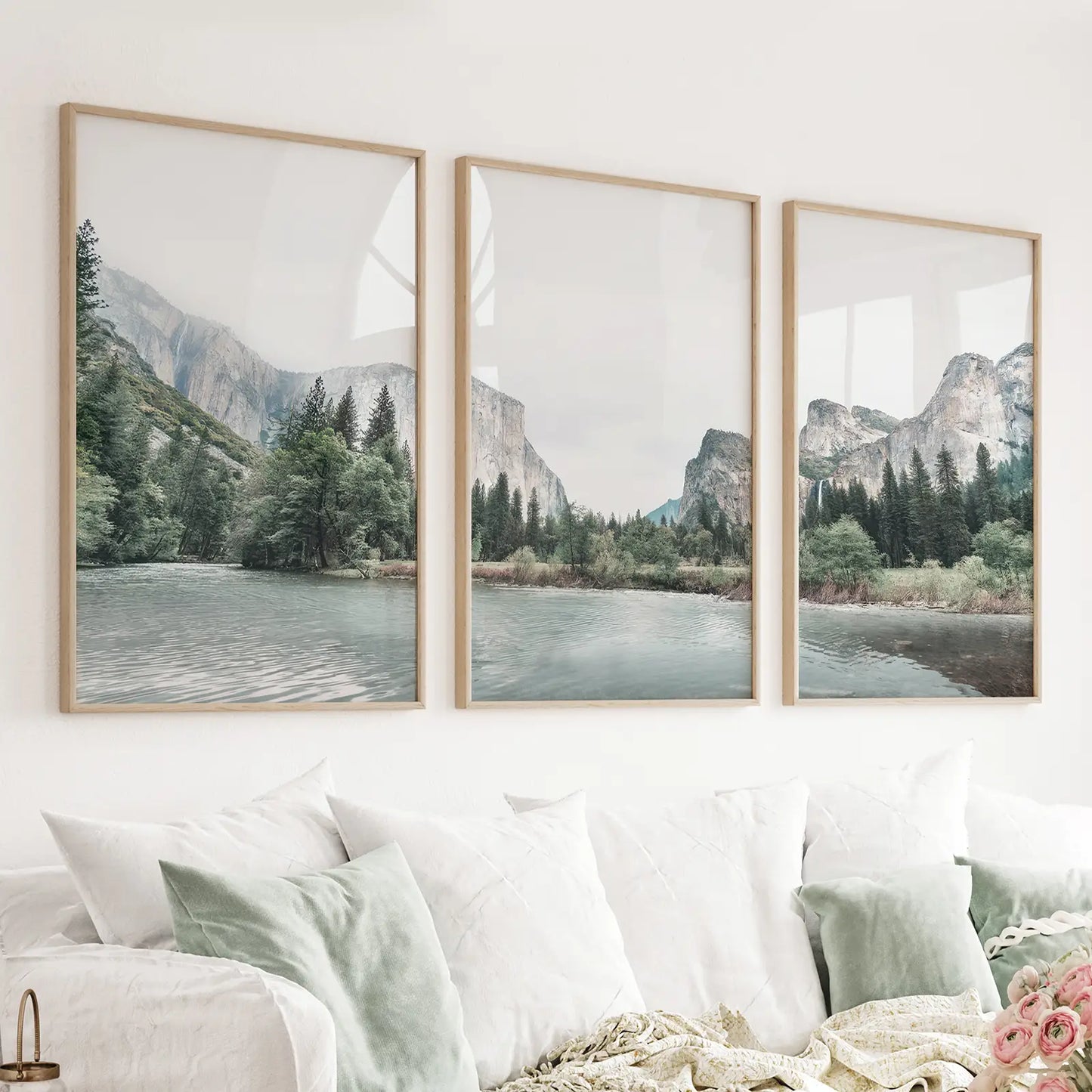 Three panel Yosemite Valley mountain lake national park triptych
