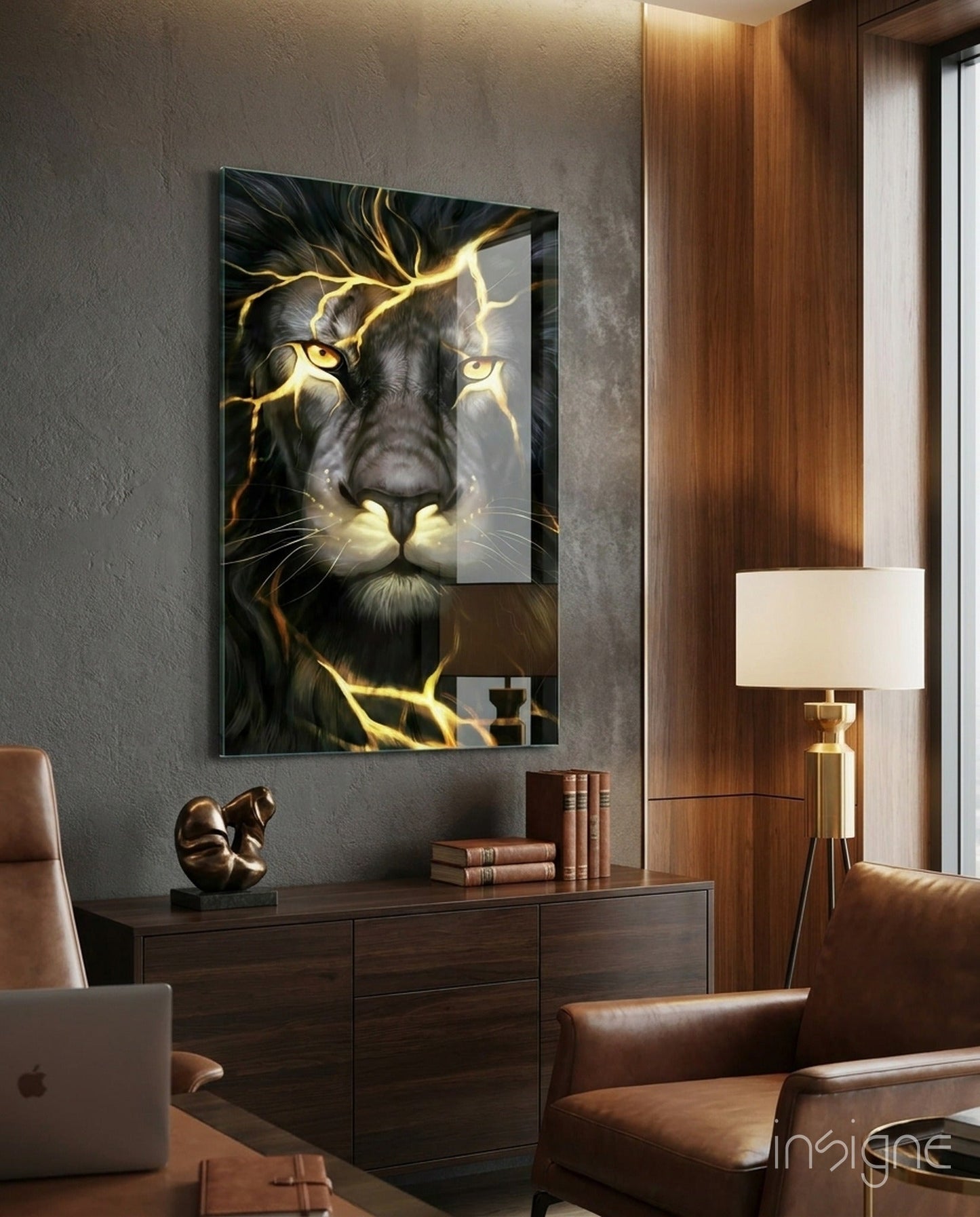 Gold fracture lion glass wall art black mane amber eyes tempered glass