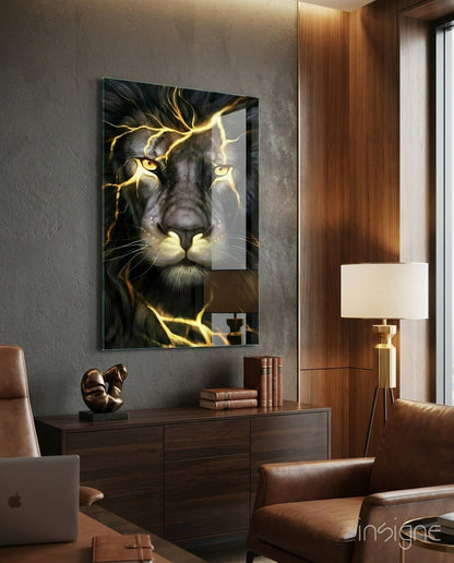 Gold fracture lion glass wall art black mane amber eyes tempered glass