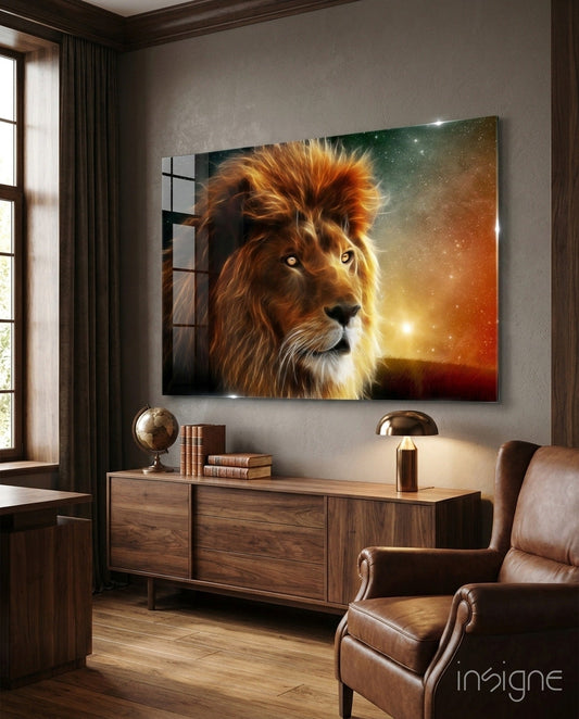 Cosmic lion glass wall art marigold mane crimson nebula tempered glass