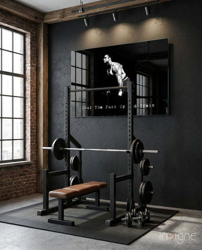 Deadlift gym motivation glass wall art, bodybuilder mid-lift with training mantra on black
