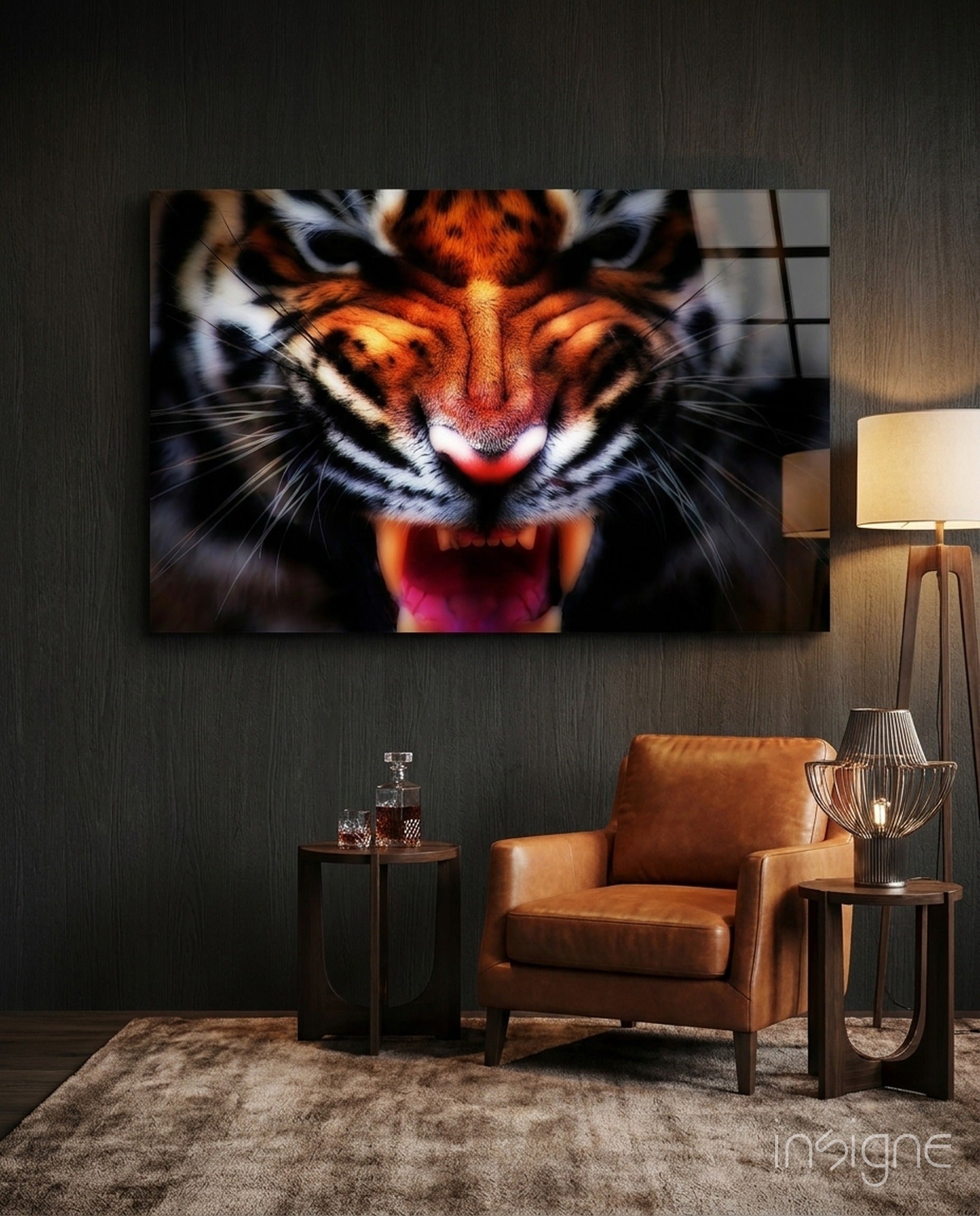 Snarling Bengal tiger glass wall art in bold orange and obsidian