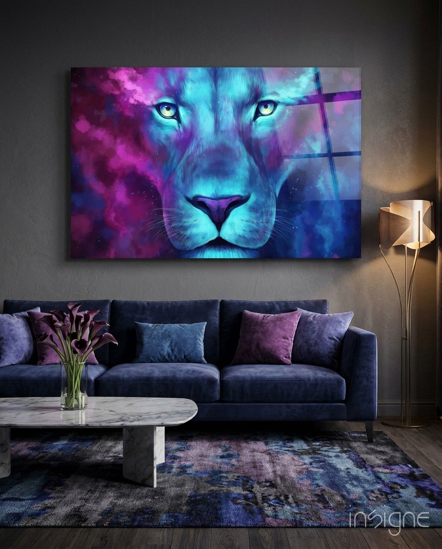 Neon nebula blue lioness glass wall art