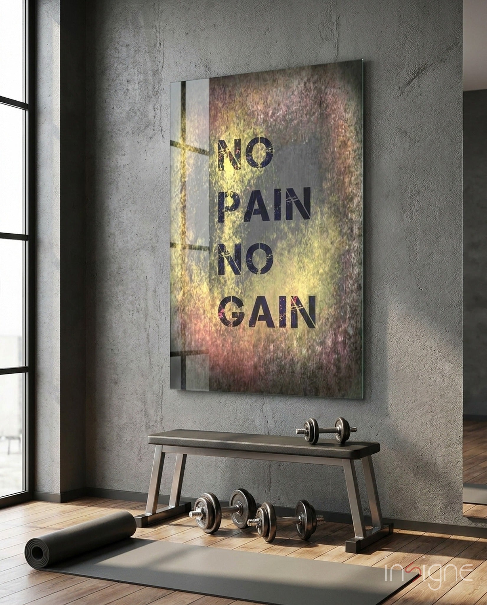 No Pain No Gain grunge glass wall art