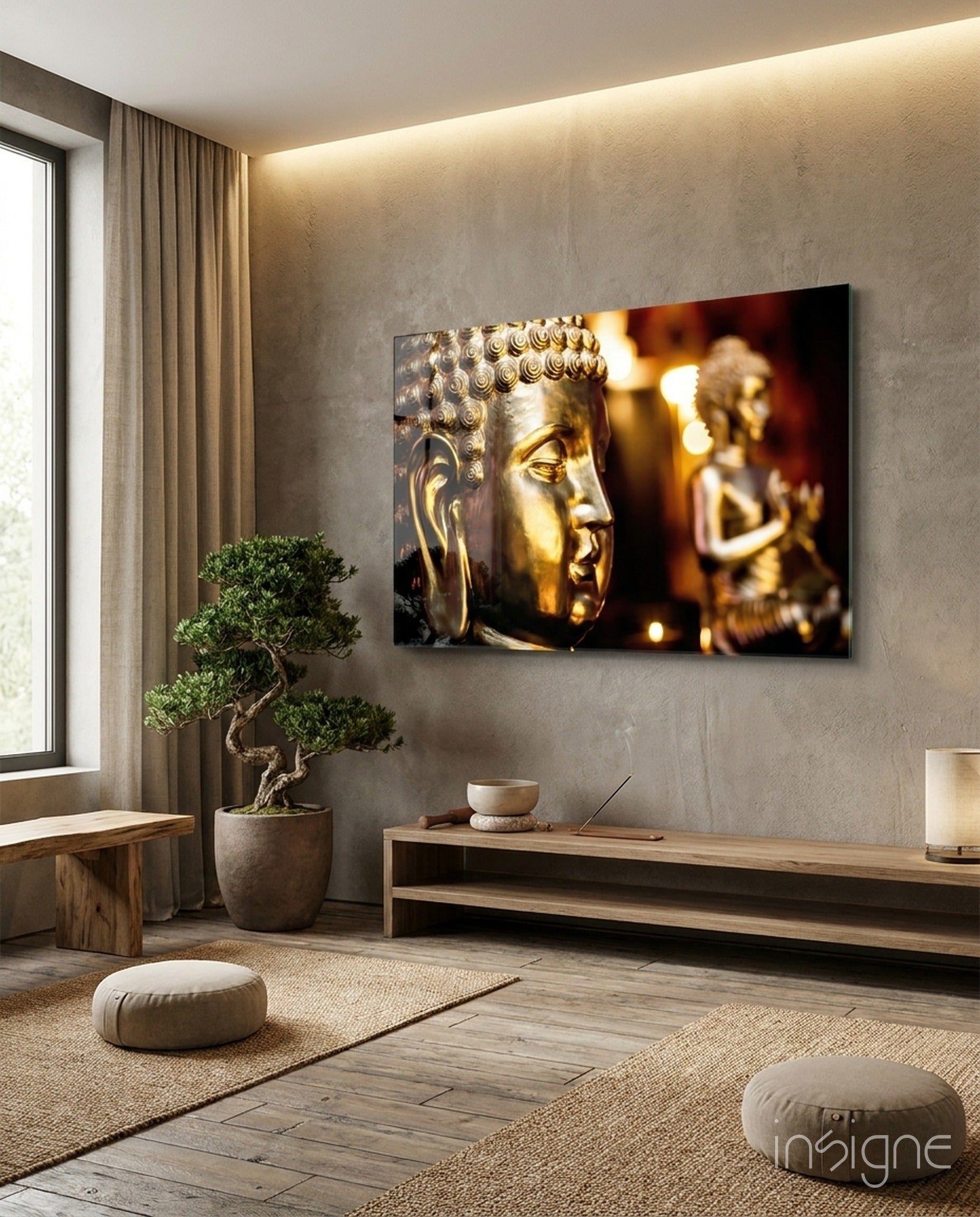Golden Buddha candlelight glass wall art with warm amber bokeh on a temple wall