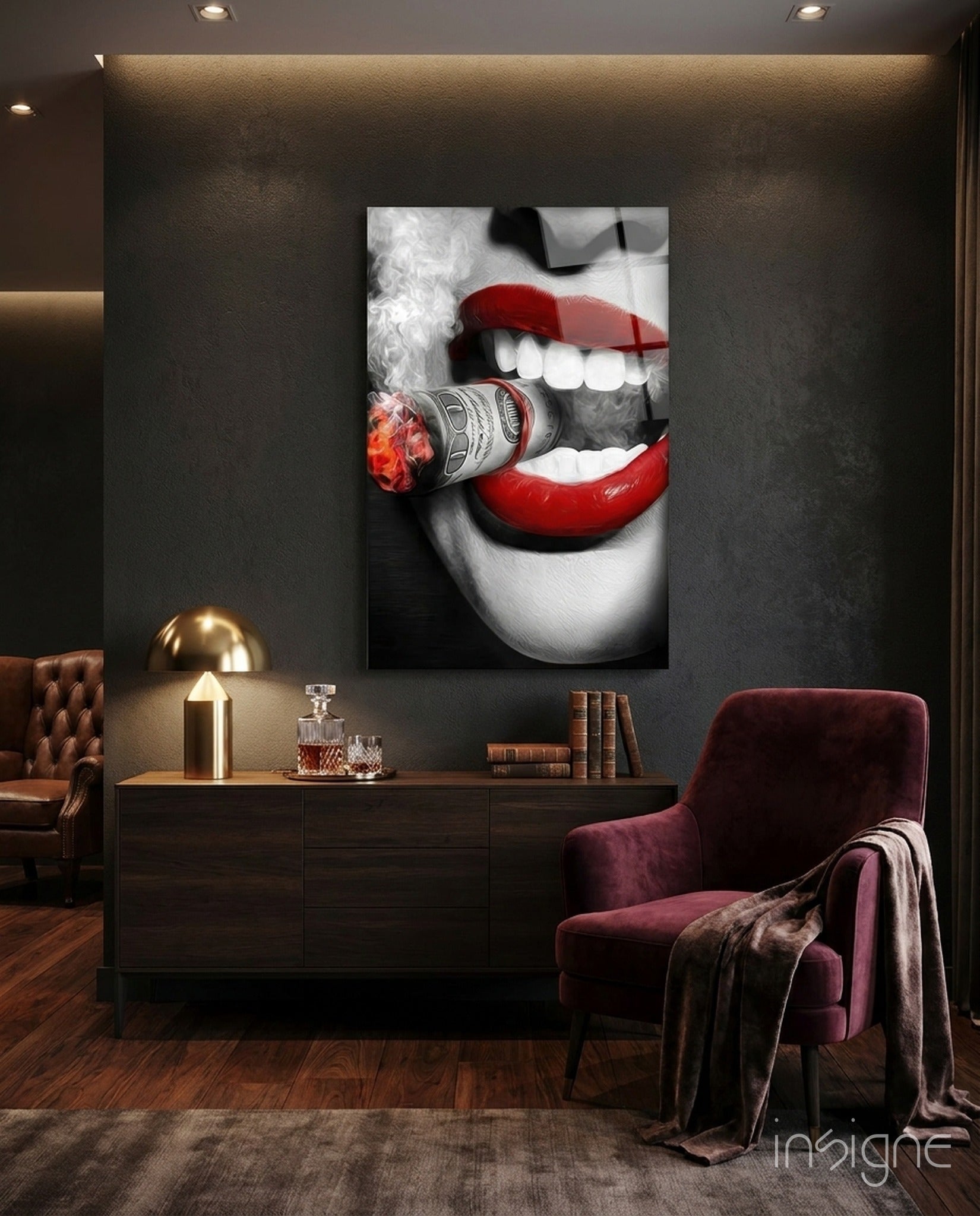 Burn the Money Glass Wall Art lips portrait