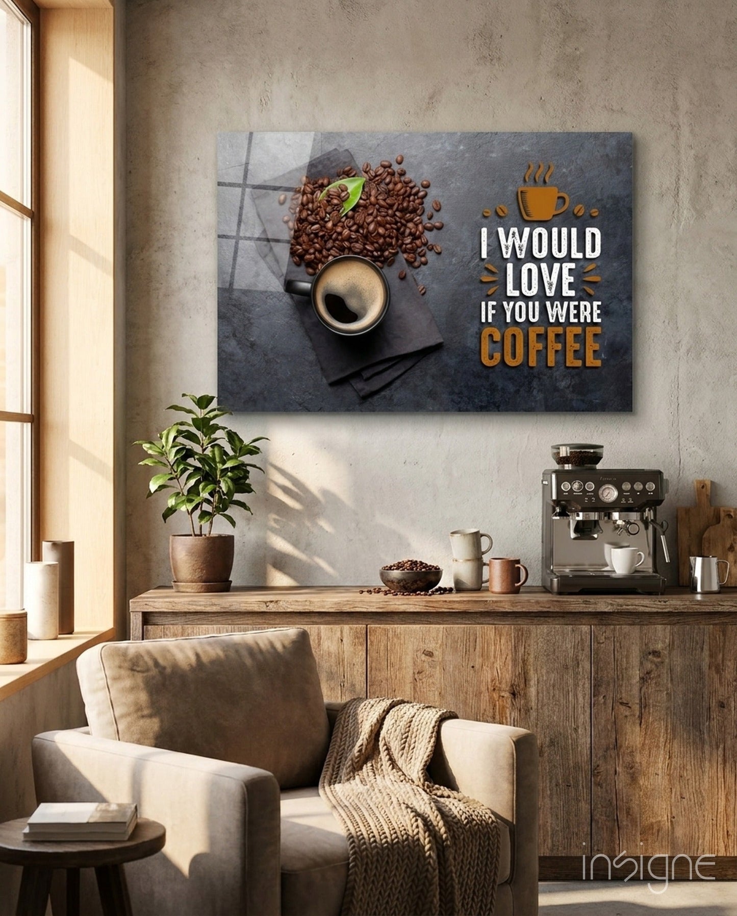 Coffee Cup and Beans Quote Glass Wall Art