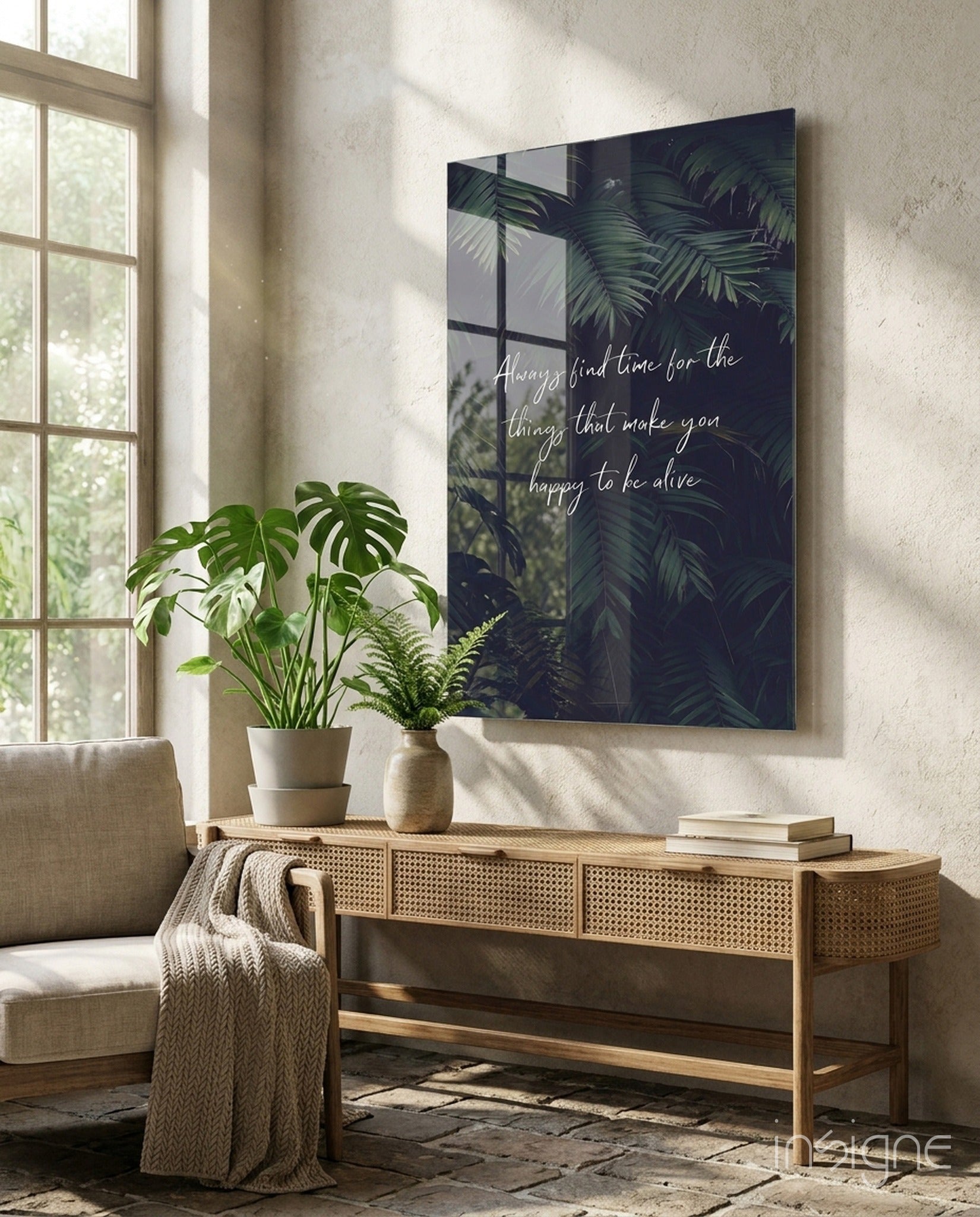 Secret of happiness palm quote glass wall art