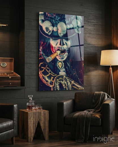 Cigar calavera portrait glass wall art for lounge decor