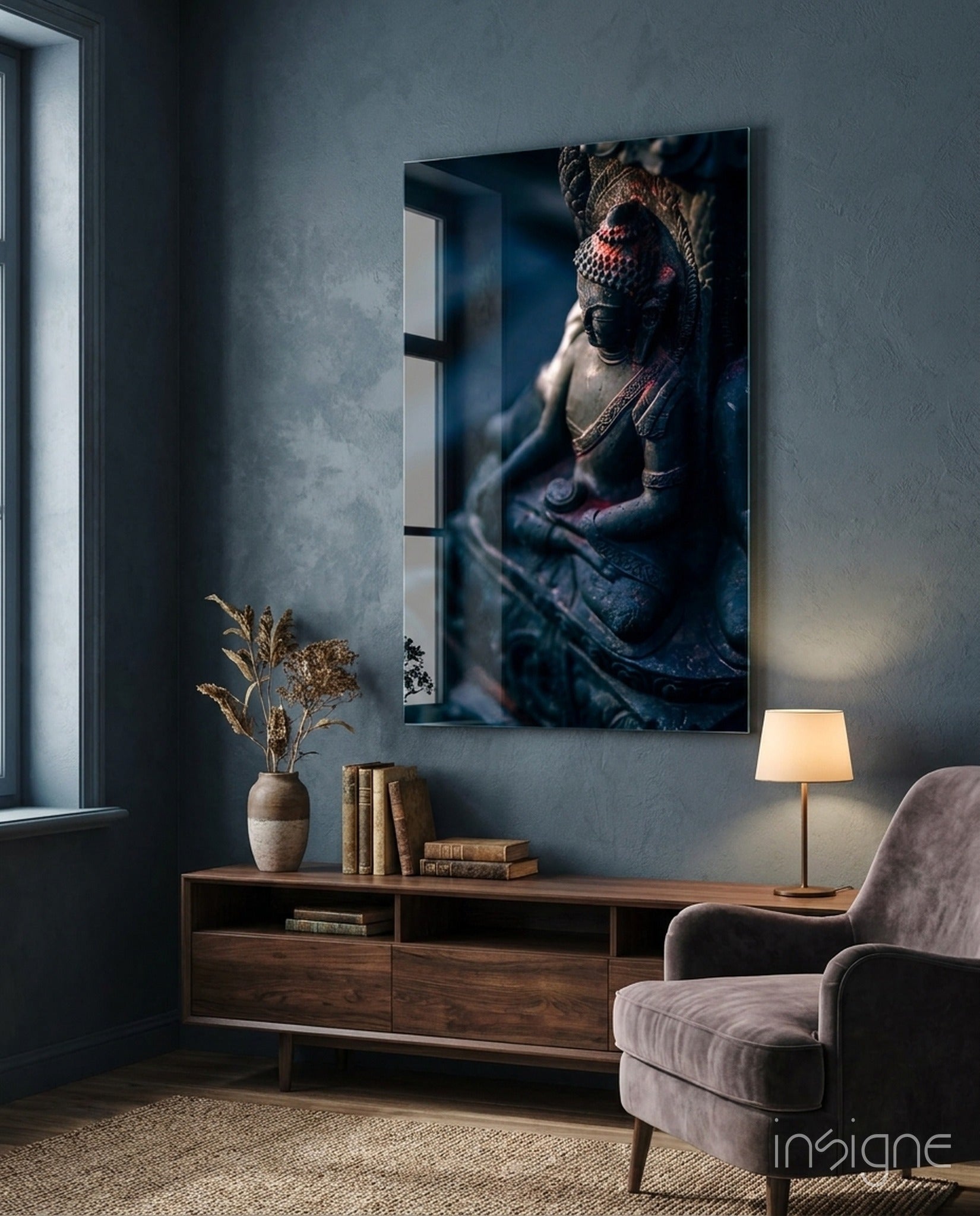 Stone Buddha profile glass wall art with vermilion accents on high-gloss tempered glass