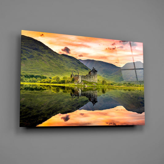 Highland castle loch glass wall art on a gray wall, light catching the glossy front