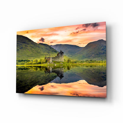 Highland Castle Sunset glass wall art print