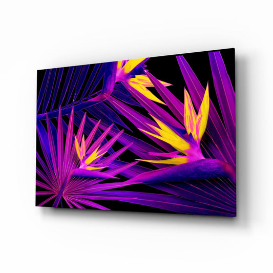 Vibrant tropical leaves glass wall art bird of paradise