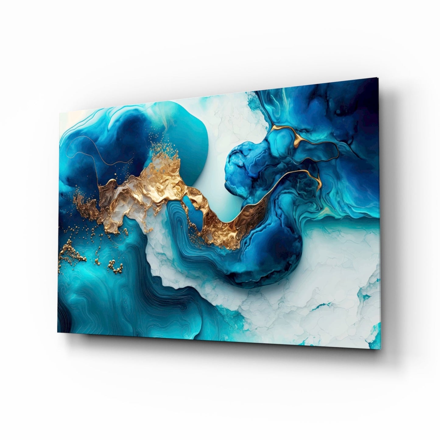 Ethereal turquoise and gold glass wall art with marble swirls and gold veins on high-gloss tempered glass