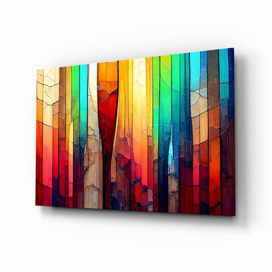 Vertical bands of red, orange, yellow, teal, blue and brown with fine cracks, printed on glass, angled view
