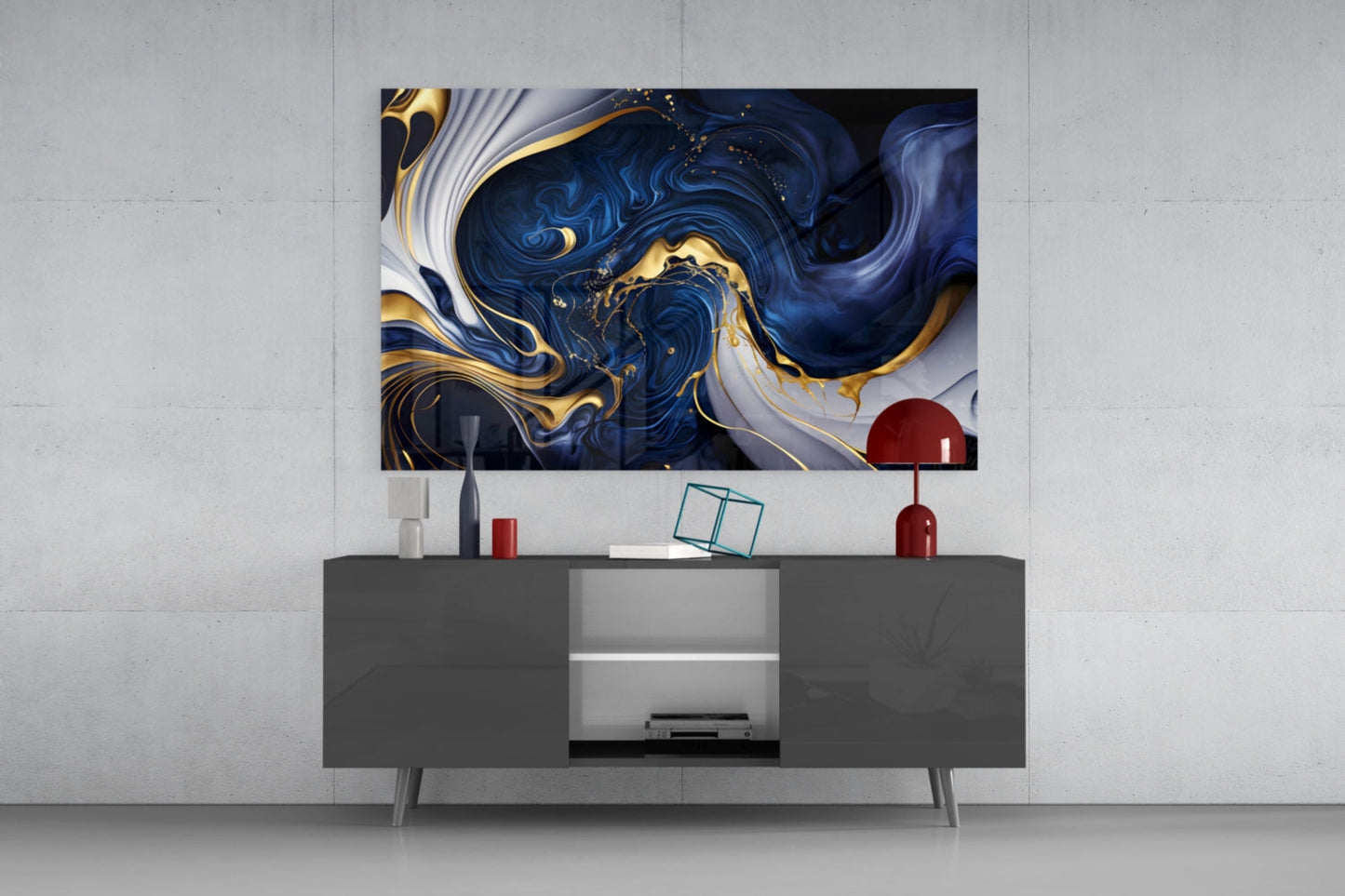 Midnight Blue Gold Swirls Glass Wall Art
