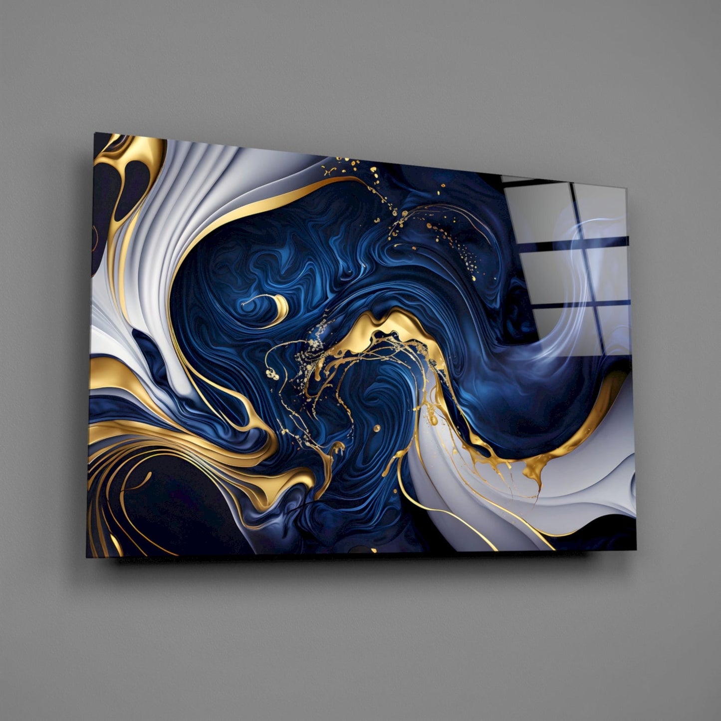 Midnight Blue Gold Swirls Glass Wall Art