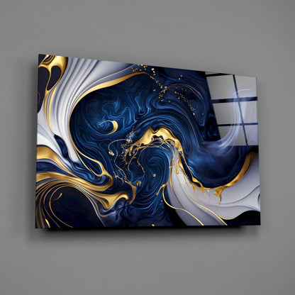 Midnight Blue Gold Swirls Glass Wall Art