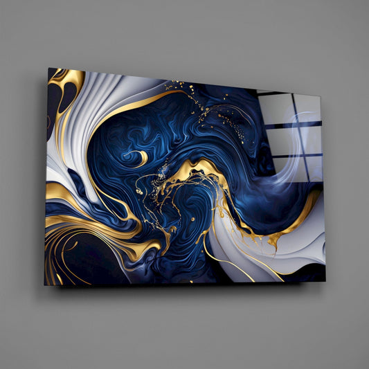 Navy and gold marble swirl glass wall art on a gray wall, light reflecting off the glossy front