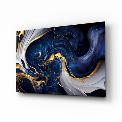 Midnight blue and gold swirls glass wall art print