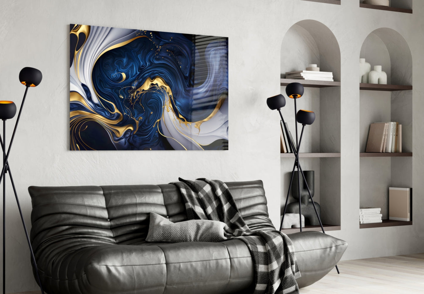 Midnight Blue Gold Swirls Glass Wall Art