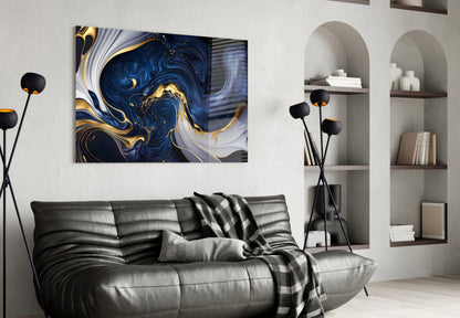 Midnight Blue Gold Swirls Glass Wall Art