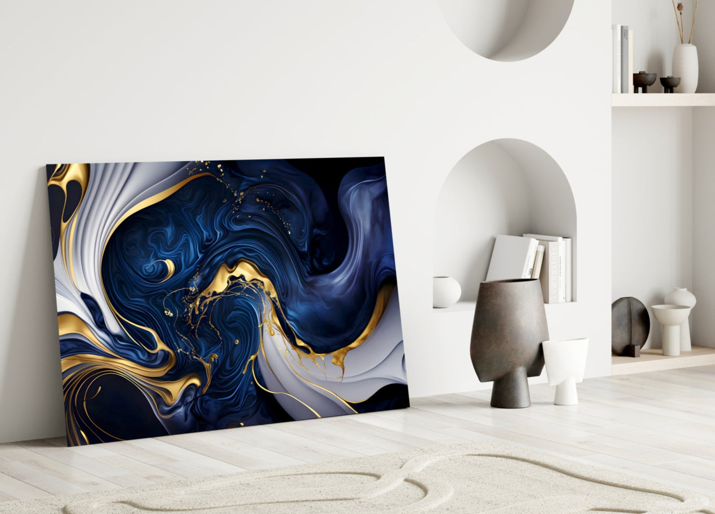 Midnight Blue Gold Swirls Glass Wall Art