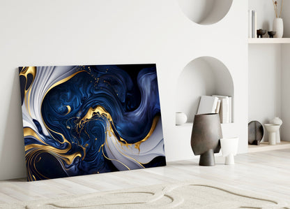 Midnight Blue Gold Swirls Glass Wall Art
