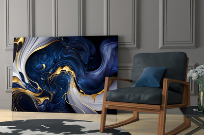 Midnight Blue Gold Swirls Glass Wall Art