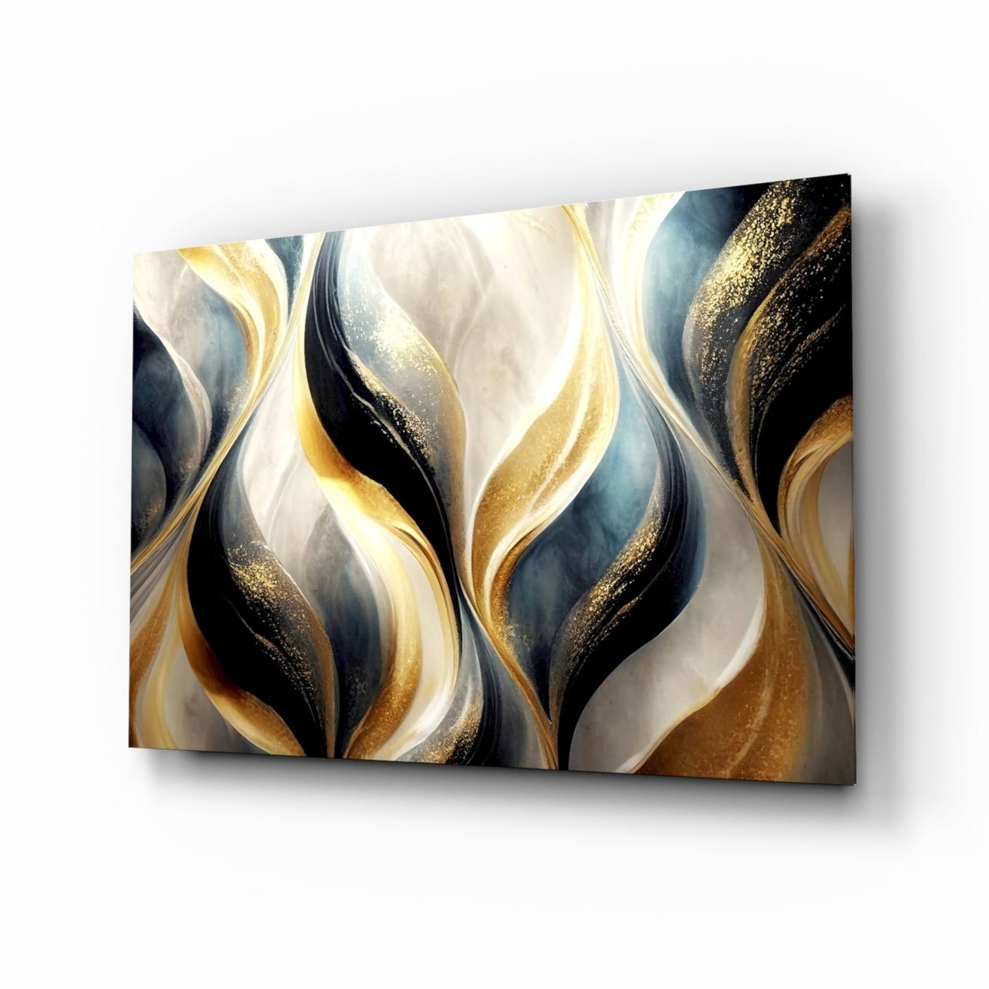 Elegant Gold Swirls glass wall art with high-gloss finish