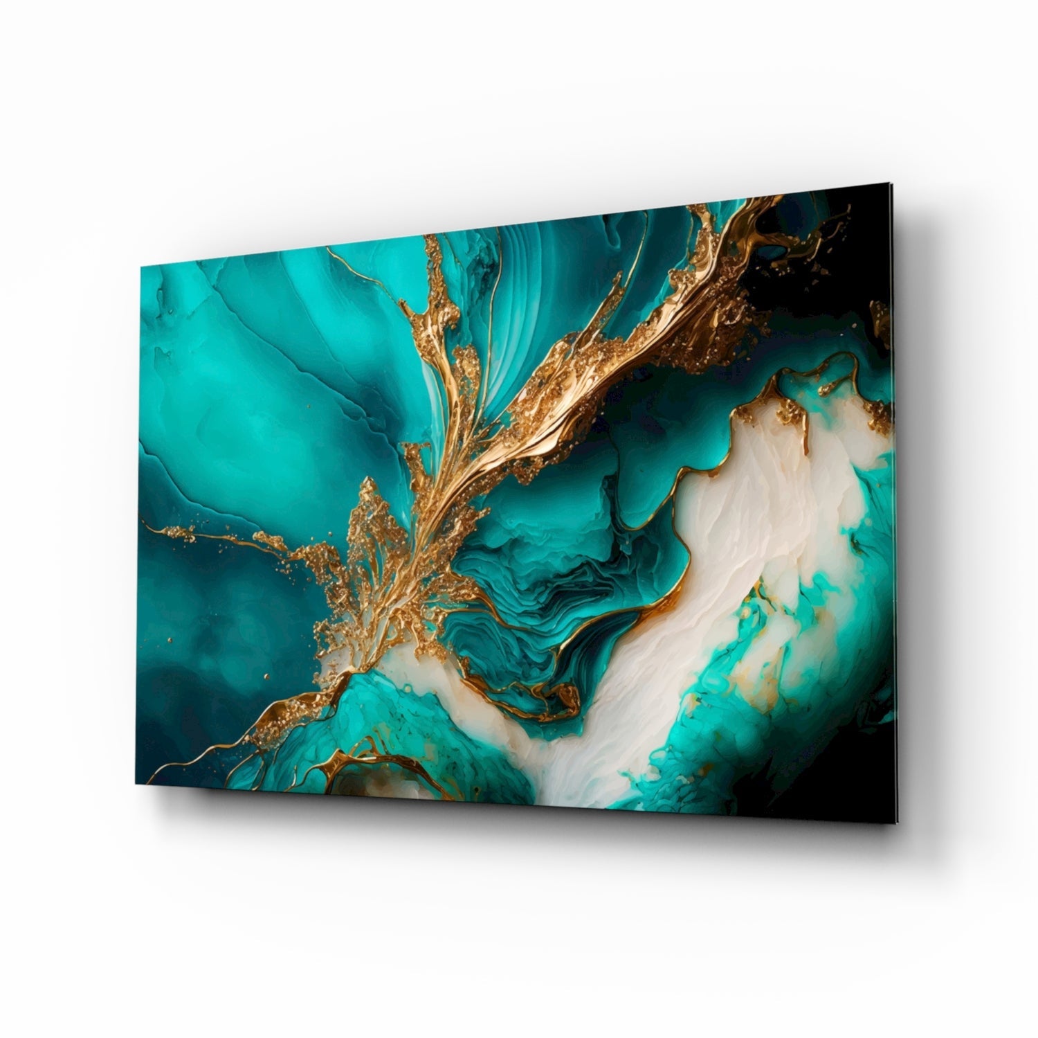 Turquoise and gold splash glass wall art tempered glass print