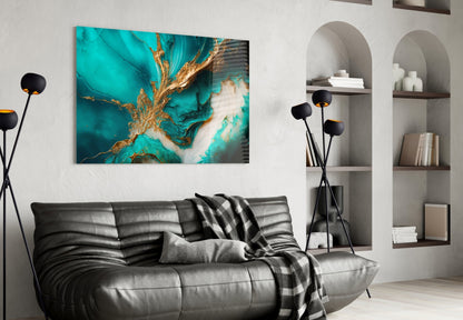 Turquoise Gold Splash Glass Wall Art