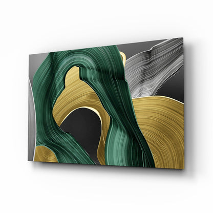 Elegant Swirls gold and green tempered glass wall art