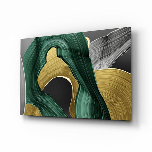 Elegant Swirls gold and green tempered glass wall art