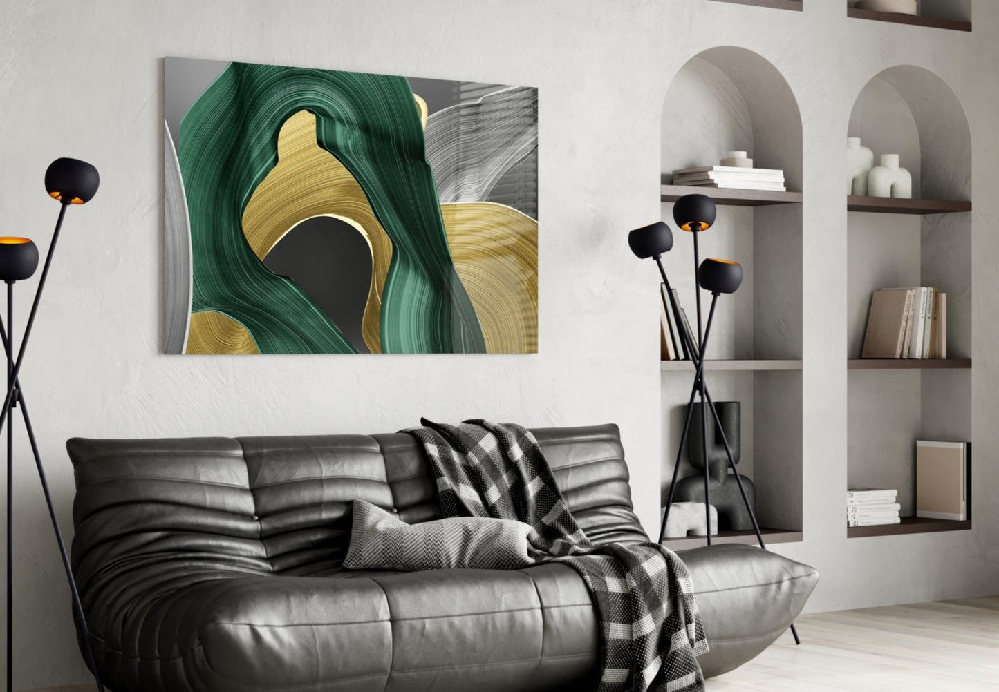 Gold and Green Swirls Glass Wall Art