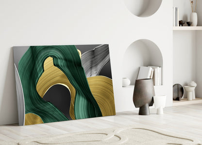Gold and Green Swirls Glass Wall Art