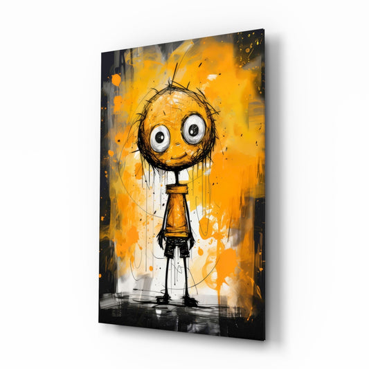 Wide-eyed doodle character in orange paint splashes printed on glass, shown at an angle on a white background