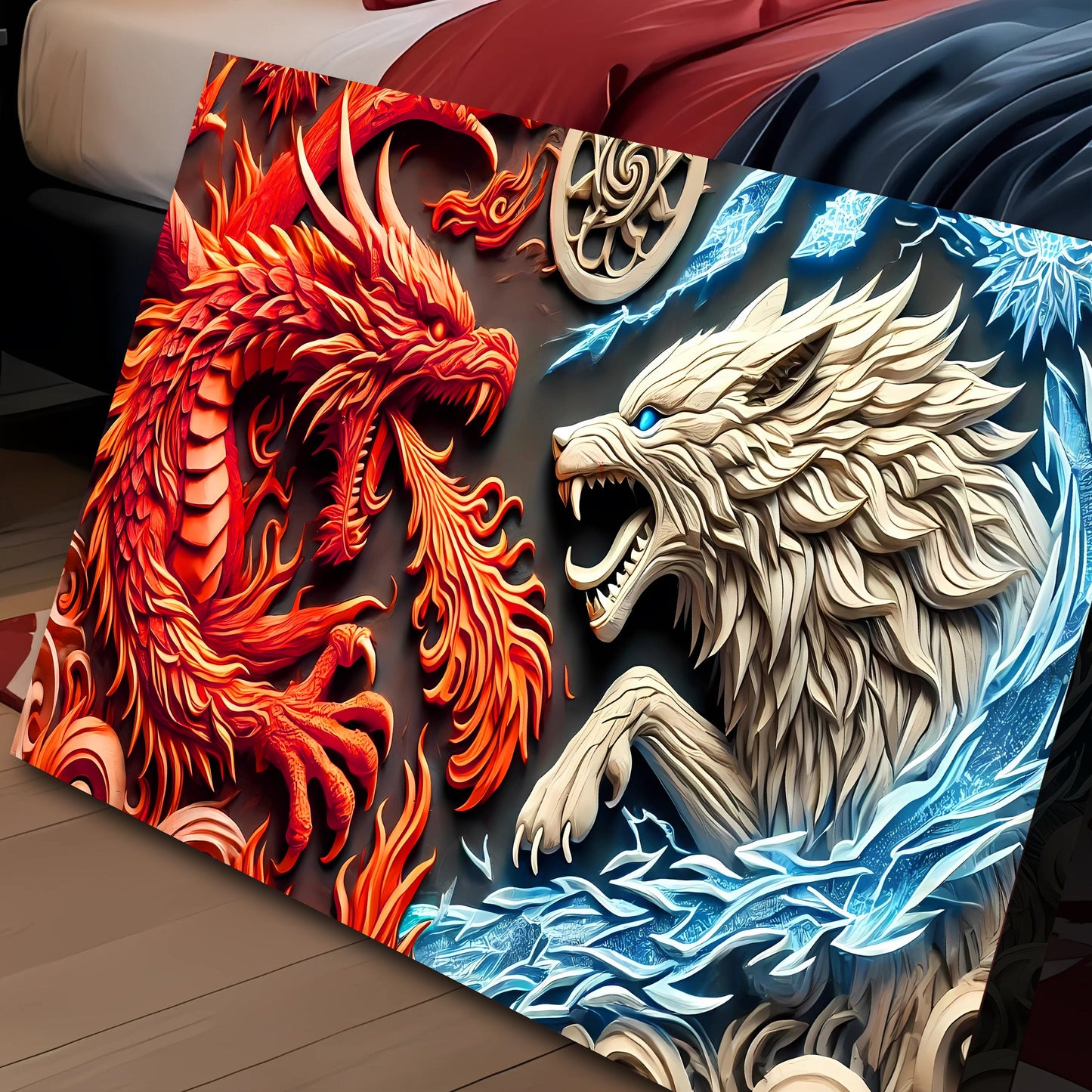 3D Dragon and Wolf Canvas Wall Art V