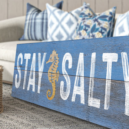 Angled close-up of the Stay Salty Gold Seahorse Blue Coastal canvas, showing the side of the gallery wrap, view 7